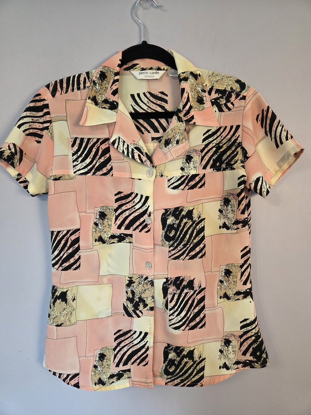 VTG Pierre Cardin Woman Pink Cream Black Patterned Camp Shirt S/M Preppy Mod